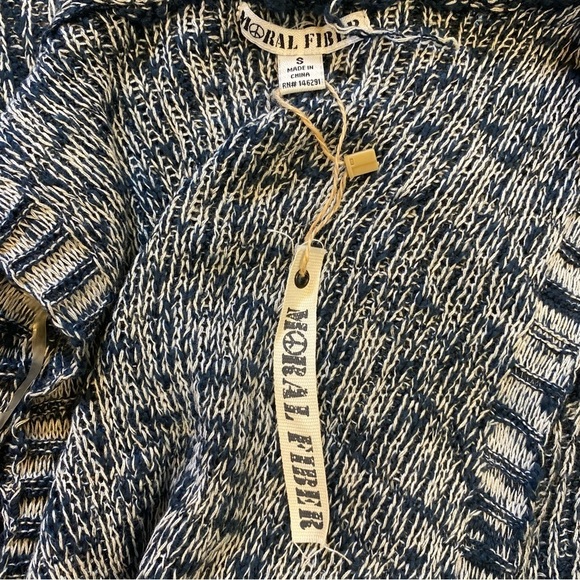 Moral‎ Fiber Cardigan Small Open Front Duster Blue Cream Crochet Lightweight - Picture 9 of 15